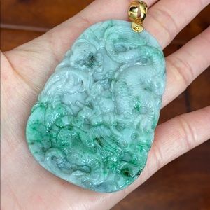 14K Real Gold Jadeite Jade Dragon Phoenix Pendant